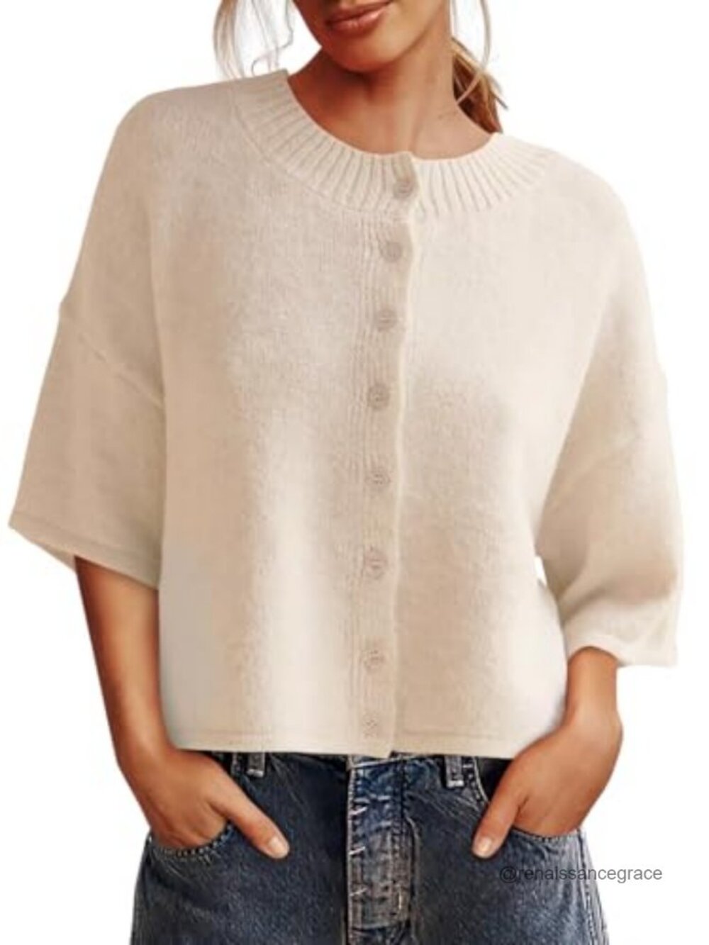 Women's Cropped 3/4 Sleeve Cardigan Button Down Crewneck